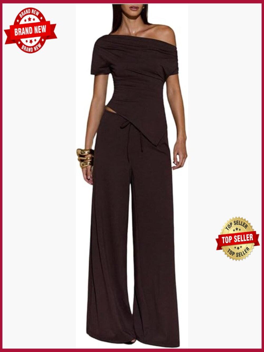 Off Shoulder 2 Piece Set - Wide Leg Pants Matching Outfit